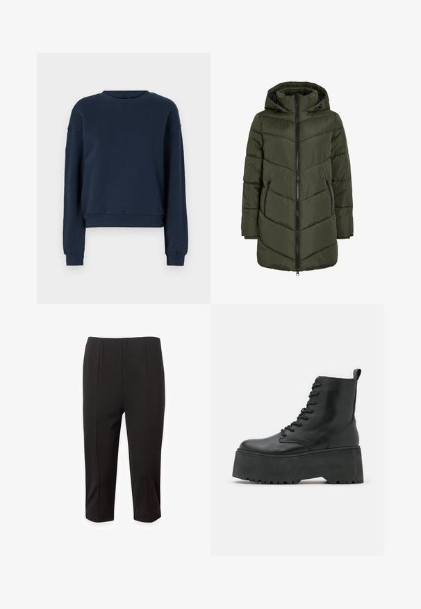 Doudoune vert olive avec capuche, dotée d'une fermeture éclair à l'avant, de poches latérales et d'une couture en zigzag pour créer de la texture et de l'isolation.; Sweatshirt bleu marine en tissu doux, avec un col rond, des manches longues et des poignets et un ourlet côtelés. Design simple sans embellissements.; Pantalons courts noirs en tissu lisse, avec un design ajusté comprenant des plis avant et une coupe droite. Pas de poches visibles ni d'ornements.; Bottes noires jusqu'à la cheville avec une semelle épaisse en plateau, en cuir lisse, dotées d'un design à lacets et d'une languette à l'arrière.