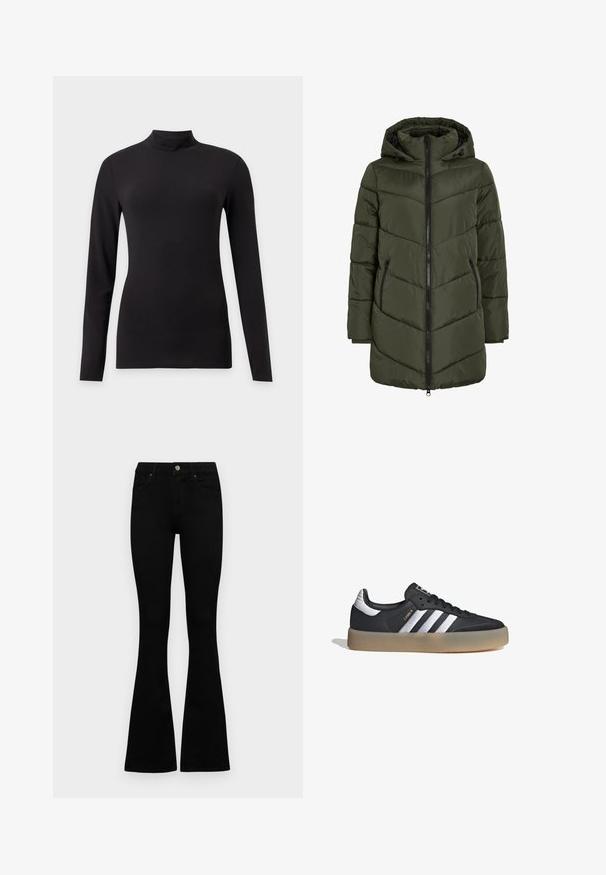 Chaqueta de plumas verde oliva con capucha, que presenta un cierre de cremallera en la parte delantera, bolsillos laterales y costuras en forma de flecha para proporcionar textura e insulation.; Top negro ajustado de manga larga con cuello alto simulado, mostrado sobre un fondo liso gris claro.; Jeans negros de cintura alta con cierre de botón y cremallera, bolsillos frontales y piernas acampanadas, dispuestos sobre un fondo blanco.; Zapatilla deportiva de cuero negro con tres rayas plateadas, punta texturizada y suela de goma. Cuenta con un collar acolchado y un diseño con cordones.