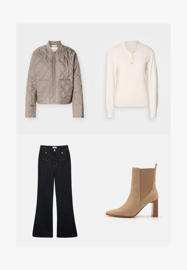 Veste matelassée marron clair avec couture en forme de losanges, fermeture éclair intégrale à l'avant, col côtelé et deux poches avant.; Chemise polo à manches longues de couleur crème avec une texture douce, fermeture à boutons et poignets côtelés. Elle présente un col classique et une silhouette ajustée.; Jeans en denim foncé évasés avec une taille haute, deux poches avant et des coutures orange. Le matériau semble robuste et lisse.; Bottes chevilles beiges en daim avec des panneaux latéraux élastiques, bout pointu et un talon bloc rayé. Comprend une languette à l'arrière.