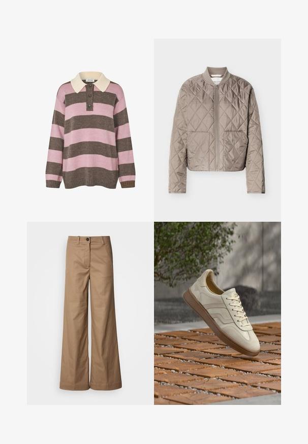 Veste matelassée marron clair avec couture en forme de losanges, fermeture éclair intégrale à l'avant, col côtelé et deux poches avant.; Pull en tricot à rayures roses et marron avec un col crème, comportant trois boutons au niveau du cou et des poignets et un ourlet côtelés.; Pantalons à jambes larges en tissu lisse et beige. Dotés d'une fermeture à bouton sur le devant, de passants de ceinture et de poches latérales. Lignes épurées sans motifs visibles.; Baskets couleur crème avec une semelle extérieure en caoutchouc beige texturée, un design à lacets et un marquage subtil sur le côté. Tige en cuir lisse.