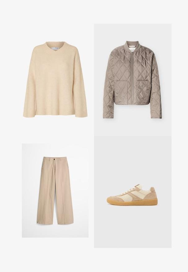 Veste matelassée marron clair avec couture en forme de losanges, fermeture éclair intégrale à l'avant, col côtelé et deux poches avant.; Pull beige à manches longues avec col en V et col côtelé, en tissu tricoté doux, conçu pour les femmes.; Pantalon beige à jambes larges avec pli frontal, passants pour ceinture, fermeture par bouton et une petite étiquette en tissu sur le côté droit de la ceinture.; Baskets basses beige et crème avec des panneaux en maille et en suède, des lacets blancs et une semelle en caoutchouc gomme, vues de côté sur un fond uni.