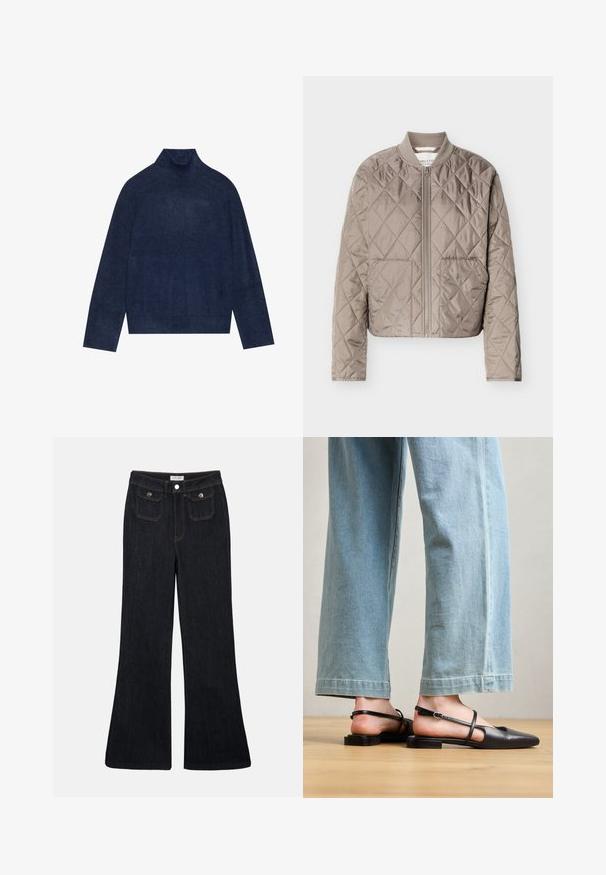 Lysebrun quiltet jakke med diamantformede syninger, fuld lynlås foran, ribstrikket krave og to forlommer.; Mørkeblå rullekrave sweater med ribbet detaljering på kraven og ærmerne, lavet af et blødt, struktureret strikket stof med en afslappet silhuet.; Sorte denim jeans med høj talje, flared ben, to frontlommer og orange syninger. Materialet ser solidt og glat ud.; Sorte læder slingback-sko med spidse tæer, flad hæl og ankelrem; båret med lyseblå viddebenede jeans.