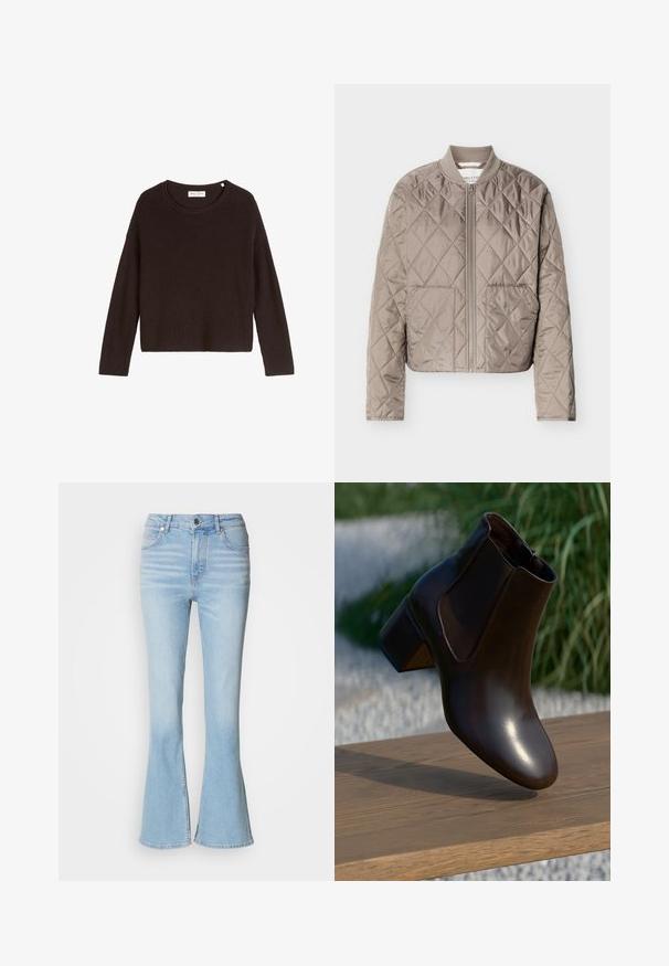 Veste matelassée marron clair avec couture en forme de losanges, fermeture éclair intégrale à l'avant, col côtelé et deux poches avant.; Pull en tricot noir à côtes avec un col arrondi et des manches longues. Présente une coupe ample et une surface texturée. Marque : Mare O'Polo.; Jean évasé bleu clair en denim avec taille haute, présentant une décoloration subtile et une fermeture à glissière standard.; Bottine en cuir marron avec un bout rond et un petit talon block, dotée de panneaux latéraux élastiques et d'une finition lisse et brillante.