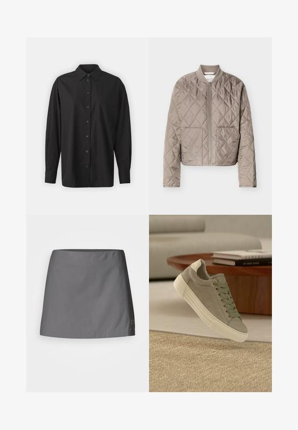 Vaaleanruskea tikattu takki timantinmuotoisella tikillä, vetoketju kokonaan edessä, resorikaulus ja kaksi etutaskua.; GAP THE BIG SHIRT - Paitapusero - black; Hame harmaa, joka on valmistettu kevyestä ja sileästä kankaasta; siinä on suora leikkaus, puhdas helma ja huomaamaton brändilogo sivussa.; Vaaleanharmaa mokkanahkainen lenkkari pyöreällä kärjellä, valkoisella pohjalla ja vaaleanvihreillä nauhoilla. Minimalistinen muotoilu ja sileä pinta.