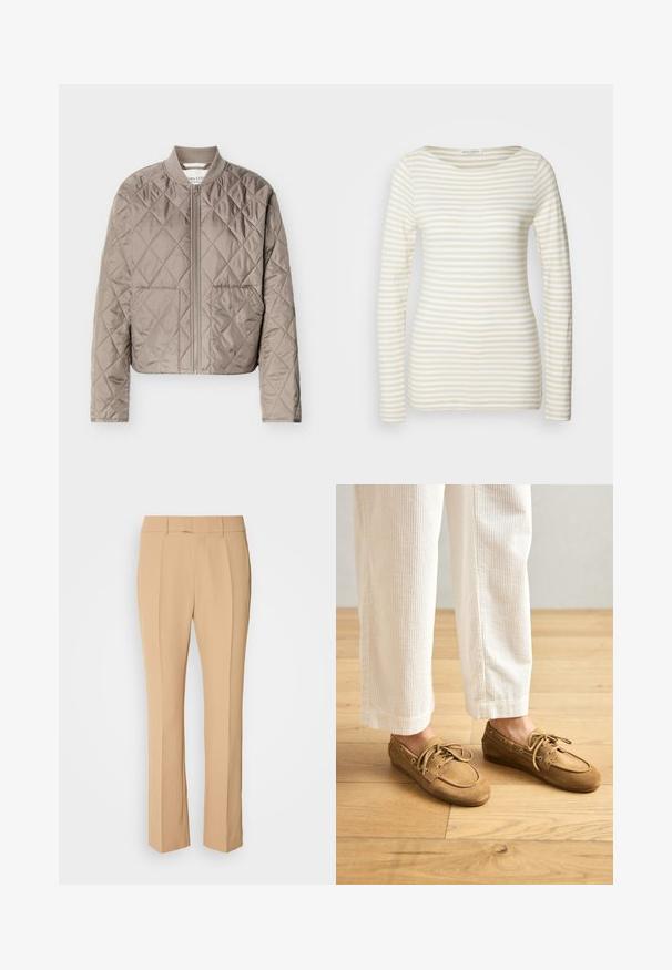 Lysebrun quiltet jakke med diamantformede syninger, fuld lynlås foran, ribstrikket krave og to forlommer.; Stribet langærmet skjorte i en creme og beige bomuldsblanding, med rund halsudskæring og tætsiddende silhuet. Blød tekstur med subtile mønstre.; Beige skræddersyede bukser med lige ben, der har to frontfald, en flad front og et glat, let materiale.; Brune ruskinds bådsko med snørebånd, der har en rund tå og syede detaljer. Båret med hvide kordfløjl-bukser i en træagtig indstilling.