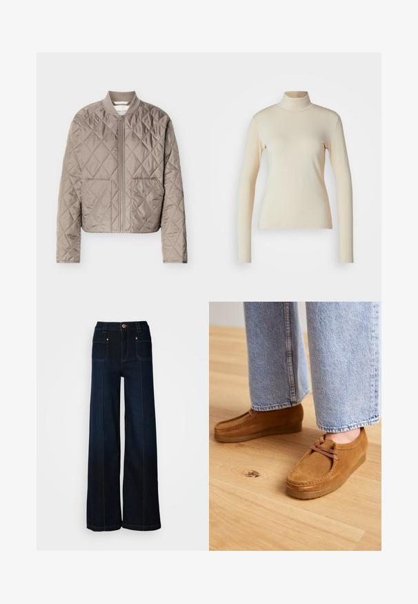 Lysebrun quiltet jakke med diamantformede syninger, fuld lynlås foran, ribstrikket krave og to forlommer.; Cremefarvet langærmet turtleneck top lavet af glat, strækbart stof; tætsiddende design med høj hals og ingen synlige mønstre eller detaljer.; Bredde ben denimjeans i mørkeblå. Har forlommer, guldfarvet hardware og kontrasterende syninger. Glat tekstur med et afslappet design.; Brune ruskindsko med en rund tå og tanfarvet gummisål, der har et simpelt snørebåndsdesign, parret med lyseblå denimbukser.