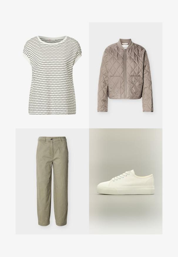 Veste matelassée marron clair avec couture en forme de losanges, fermeture éclair intégrale à l'avant, col côtelé et deux poches avant.; Haut blanc à manches courtes avec des rayures horizontales noires, présentant un col rond et une coupe décontractée. Texture douce avec des coutures visibles.; Pantalon droit couleur kaki clair avec passants pour ceinture, fermeture par bouton et braguette zippée, présenté sur un fond uni.; Baskets basses blanches en toile avec lacets à l'avant et semelle épaisse en caoutchouc texturée sur fond neutre.
