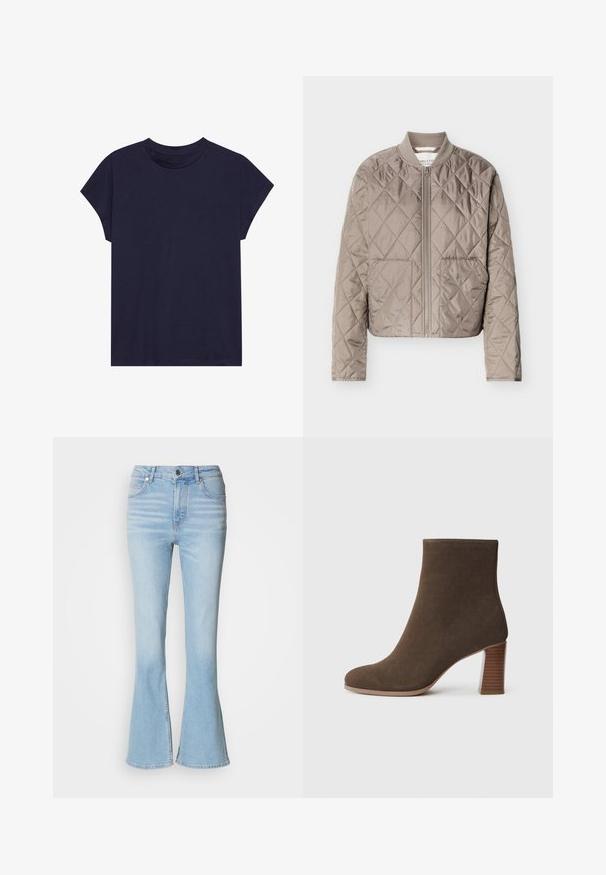 Hellbraune gesteppte Jacke mit Rautenmuster, durchgehendem Reißverschluss, geripptem Kragen und zwei Vordertaschen.; Dunkelblaue Baumwoll-T-Shirt mit rundem Ausschnitt und kurzen Ärmeln, das einen lockeren Schnitt und eine glatte Textur bietet. Keine Muster oder Akzente.; Helle blaue Schlagjeans aus Denim mit hoher Taille, die eine dezente Ausbleichung und einen klassischen Reißverschluss hat.; Braune Wildleder-Ankle-Boots mit runder Zehenform und einem gestuften, strukturierten Absatz. Glatte Oberfläche ohne sichtbare Verschlüsse oder Verzierungen.