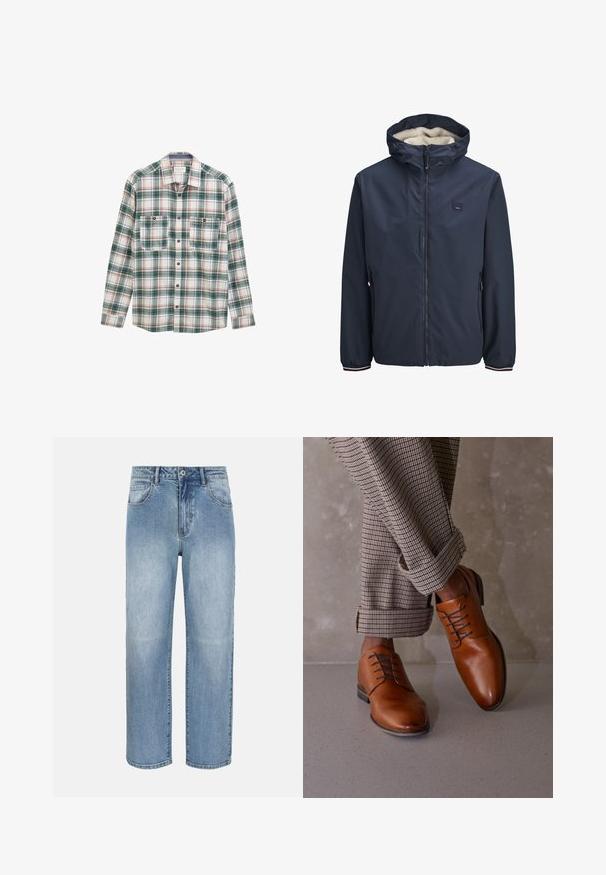 Dunkelblaues Jacket mit Reißverschluss vorne, fleecegefütterter Kapuze, zwei Seitentaschen und gestreiften Bündchen. Hergestellt aus glattem, wetterbeständigem Material.; Langärmliges Button-Up-Hemd mit grün-weiß-rotem Karomuster, zwei vorderen, knöpfbaren Brusttaschen und klassischem Kragen.; Hellblaue Jeans mit geradem Bein, Frontknopf, Reißverschluss, Gürtelschlaufen und vorderen Taschen auf weißem Hintergrund.; Braune Lederschuhe haben eine abgerundete Zehenpartie, ein schnürendes Design mit fünf Ösen und kontrastierenden dunklen Schnürsenkeln. Die Hose ist karriert und an den Säumen aufgerollt.