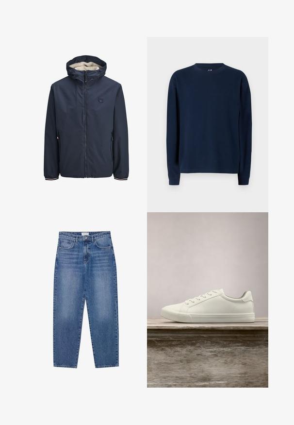 Chaqueta azul marino con cremallera en el frente, capucha forrada de felpa, dos bolsillos laterales y puños a rayas. Fabricada con un material suave y resistente a la intemperie.; Sudadera de cuello redondo de manga larga en color marino, con textura acanalada, corte recto y costuras reforzadas, que presenta un diseño clásico.; Vaqueros de mezclilla azul con un diseño de cintura alta y pierna recta, en acabado desgastado. Presenta cinco bolsillos y un cierre de botón.; Zapatilla blanca con cordones flotando sobre un banco de madera con follaje verde al fondo, mostrando el diseño y la textura del zapato.