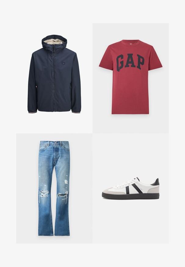 Chaqueta azul marino con cremallera en el frente, capucha forrada de felpa, dos bolsillos laterales y puños a rayas. Fabricada con un material suave y resistente a la intemperie.; Camiseta roja de manga corta con cuello redondo y gran texto negro "GAP" centrado en el pecho.; Jeans de mezclilla azules de pierna recta con un lavado descolorido y múltiples desgastes en ambas rodillas y muslos superiores.; Zapatilla blanca con acentos en negro y gris, que presenta una puntera texturizada en gris, suela de goma negra y cordones planos blancos. Diseño limpio, estilo minimalista.
