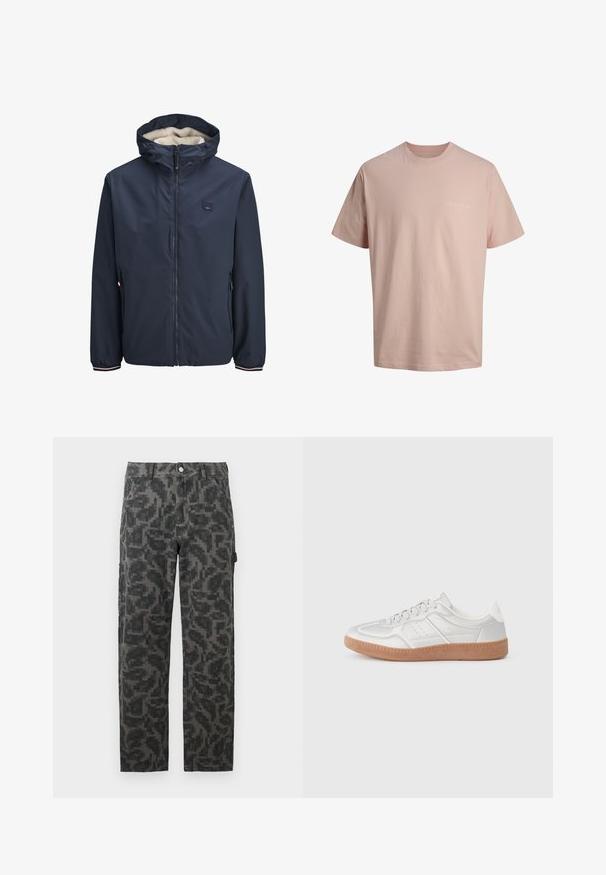 Chaqueta azul marino con cremallera en el frente, capucha forrada de felpa, dos bolsillos laterales y puños a rayas. Fabricada con un material suave y resistente a la intemperie.; Camiseta de algodón de manga corta color rosa claro con cuello redondo y pequeño texto blanco "ORIGINALS" en el pecho izquierdo.; Pantalones rectos pixelados en negro y gris con bolsillos frontales y cierre de botón.; Zapatillas plateadas con una textura suave, diseño de cordones, acentos perforados y una suela de goma marrón texturizada.