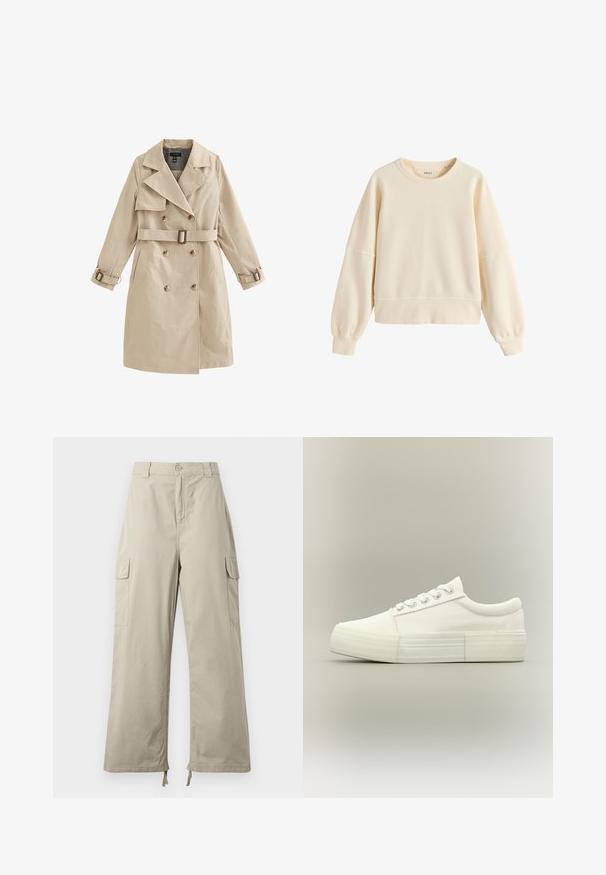 Beige dobbeltradet trenchcoat med bælte og spændedetaljer på ærmerne, med brede revers og sidelommer.; Kremfarvet sweatshirt med rund halsudskæring, lange ballonærmer og ribstrikkede manchetter og kant, enkel casual stil.; Lys beige cargo bukser med en afslappet pasform, der har knaplukning, sidelommer og justerbar kant med snore. Glat stoftekstur.; Hvid lavtopet sneaker med tyk sål, metaløjer og snørebånd, vist fra siden på en ensfarvet lys baggrund.