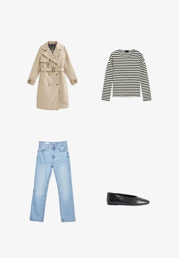 Trench-coat beige à double boutonnage avec ceinture et détails à boucle sur les manches, présentant de larges revers et des poches latérales.; Chemise à manches longues avec des rayures horizontales noires et blanches et un col en V, affichée sur un fond blanc uni.; Jean en denim bleu clair à coupe droite avec cinq poches et une fermeture par bouton à la taille, posé à plat sur un fond blanc.; Ballerine plate en cuir noir avec un bout pointu, une texture lisse, un design minimaliste et un petit talon pour la stabilité.