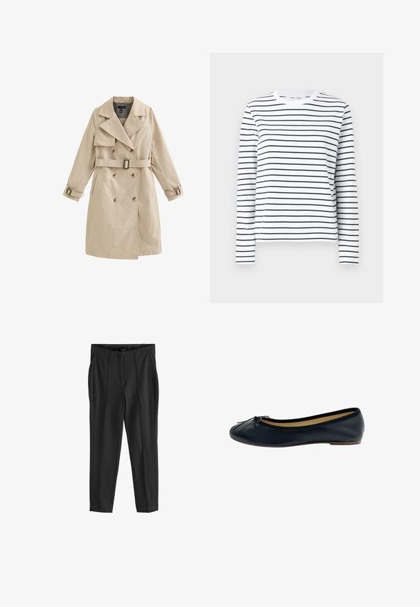 Beige dubbelgeknoopte trenchcoat met riem en gespdetails op de mouwen, voorzien van brede revers en zijzakken.; Langsleeve shirt in witte katoen met zwarte horizontale strepen. Heeft een ronde hals en een relaxte pasvorm. Geen opvallende accenten of patronen.; Zwarte tapered broek met een gladde textuur, voorzien van twee voorste ritszakken en voorplooien voor een gestructureerd ontwerp.; Zwarte leren balletschoenen met een ronde neus, strikdetail aan de voorkant en een zachte binnenvoering. Platte zool met minimale verhoging.