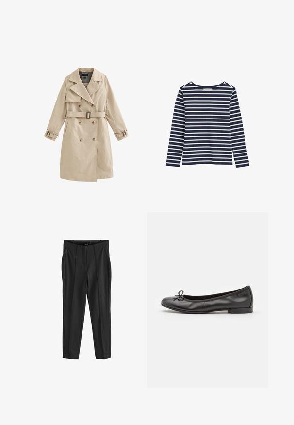 Beige dubbelgeknoopte trenchcoat met riem en gespdetails op de mouwen, voorzien van brede revers en zijzakken.; Marineblauw-wit gestreept shirt met lange mouwen en een ronde hals, weergegeven op een witte achtergrond.; Zwarte op maat gemaakte broek met een gladde stoffen textuur, voorzien van een platte voorkant, twee zijzakken en een slim-fit ontwerp.; Zwarte leren ballerina's met een ronde neus, een klein strikaccent aan de voorkant en een lage, rechthoekige hak. Gladde textuur.