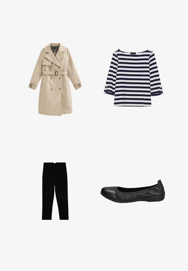 Beiger zweireihiger Trenchcoat mit Gürtel und Schnallendetails an den Ärmeln, mit großen Revers und Seitentaschen.; Gestreiftes Langarmoberteil in Marineblau und Weiß mit einem Bootsausschnitt und goldfarbenen Knopfdetails an den hochgekrempelten Ärmeln. Weicher Stoff, entspannter Schnitt.; Schwarze, maßgeschneiderte, knöchellange Hose mit Seitentaschen und leicht zulaufendem Bein, flach auf weißem Hintergrund ausgelegt.; Schwarze Leder-Ballettschuhe mit einer runden Spitze, glatter Textur und einem leicht elastischen Rand für zusätzlichen Komfort. Gummisohle für besseren Halt.