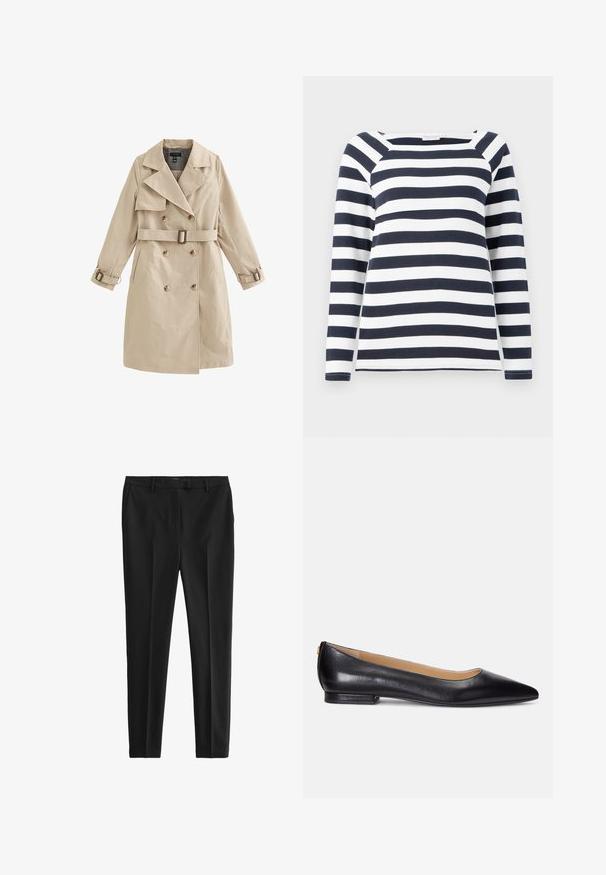 Gabardina beige de doble botonadura con cinturón y detalles de hebilla en las mangas, con solapas anchas y bolsillos laterales.; TOM TAILOR STRIPED CARRE NECK - Camiseta de manga larga - lunar eclipse/off white; Pantalones negros en una tela suave y ligera. Presentan un corte ajustado, pliegues delanteros y cinturilla estándar con bolsillos laterales y traseros.; Bailarinas de cuero negro con punta afilada, tacón bajo y un acento dorado en el tacón. Textura suave con una silueta clásica.