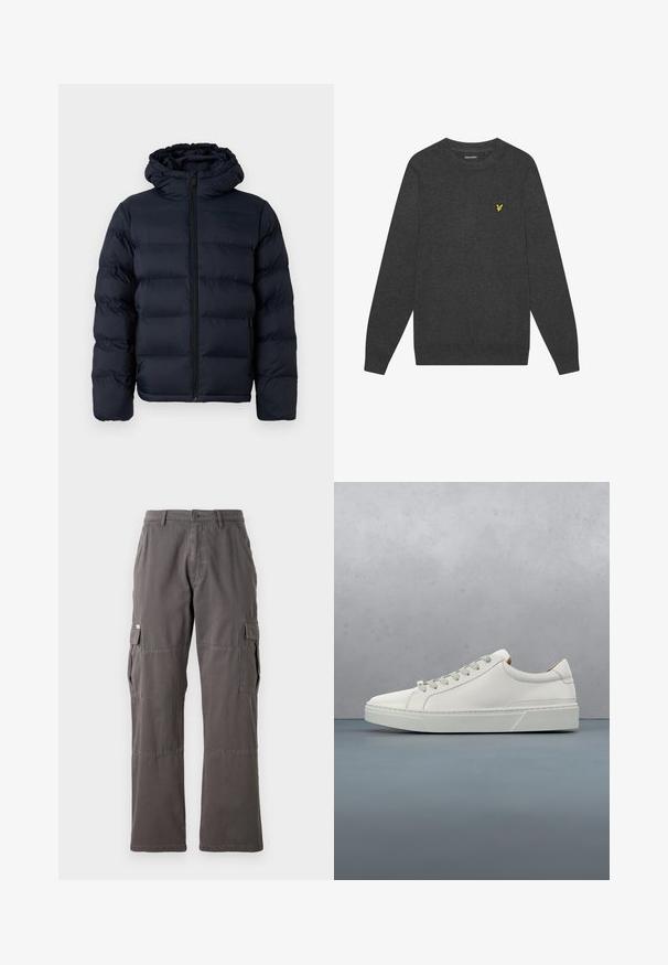 Calvin Klein Winterjas - dark sapphire; Donkergrijze trui met ronde hals, gemaakt van zacht materiaal. Bevat een klein geel geborduurd logo op de borst. Lange mouwen met ribgebreide boorden.; Grijze cargo broek met een rechte pijp ontwerp, voorzien van meerdere zijzakken en een knoopsluiting bij de tailleband. Gemaakt van duurzaam materiaal.; Witte leren sneaker met een ronde neus, minimalistisch ontwerp, grijze veters en een gestructureerde grijze rubberen zool. Fijne stikdetails zichtbaar.