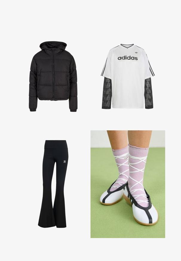 Schwarze Steppjacke mit Kapuze, ausgestattet mit einem Reißverschluss vorne, elastischen Bündchen und einer gesteppten Optik, die Wärme und einen lässigen Look bietet.; Weißes Adidas Langarmshirt mit schwarzen Netzärmeln, schwarzem Adidas-Logo und Schriftzug auf der Brust sowie drei schwarzen Streifen auf den Schulternärmeln.; Schwarze gerippte Schlagleggings mit einem breiten Bund, ausgestattet mit einem kleinen weißen Adidas-Logo auf der oberen linken Seite. Weicher Stoff.; Beine mit gerippten lavendelfarbenen Socken mit weißen überkreuzten Riemen, kombiniert mit weißen Ballettschuhen mit schwarzem Rand auf grünem Boden.