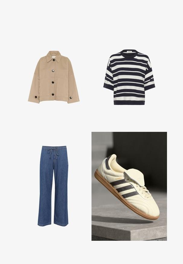 Beige bomuldsjakke med spidse kraver, store forlommer og sorte knapper; har brede ærmer og en afslappet pasform.; Marineblå og hvide stribede kortærmede top med rund hals, lavet af et struktureret stof, med en afslappet pasform og cropet design.; Denim bukser med bred ben og snoreliv, i en mellemblå farve, lige pasform og diskrete sømdetaljer.; Cremefarvede lædersneakers med tre mørke striber, en brun gummisål og en afrundet tå. Har en foldbar tunge mærket "SAMBA."