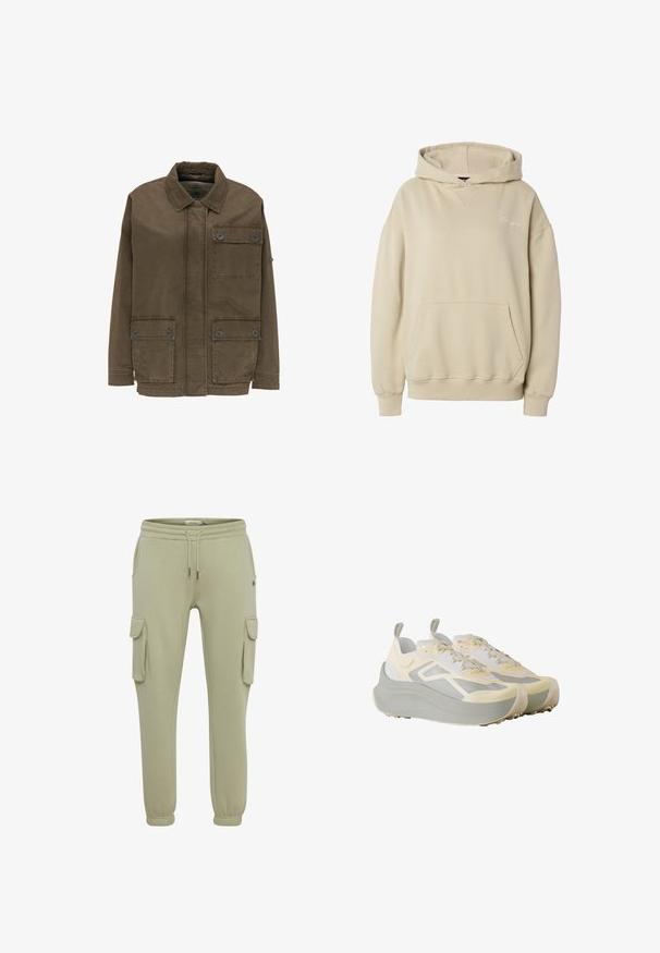 Bruine casual jas met een kraag en drie voorzakken met knopen, getoond op een witte achtergrond.; Beige pullover hoodie met een voorzak in kangoerustijl, geribbelde manchetten en zoom, en subtiele geborduurde tekst op de linkerborst.; Lichtgroene cargobroeken van zacht stof, met zijzakken, elastische manchetten en een koordje in de taille voor een verstelbare pasvorm.; Een paar beige en grijze sportsneakers met een dikke zool, veters aan de voorkant en trek-lussen op een witte achtergrond.