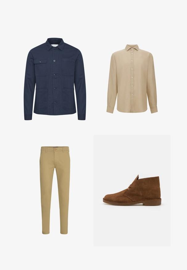 Donkerblauwe knoopjack van zacht materiaal, met twee borstzakken en twee voorzakken. Minimalistisch ontwerp met een kraag.; Beige, langemouwen blouse van lichtgewicht stof. Voorzien van een knoopsluiting aan de voorkant, een uitgesproken kraag en manchetten. Glad van textuur.; Beige slim-fit chinos met knoop- en ritssluiting, schuine voorzakken en riemlussen, afgebeeld op een witte achtergrond.; Bruine suede enkellaarsjes met een ronde neus, minimale stiksels, een korte tong en een rubberen zool voor grip.