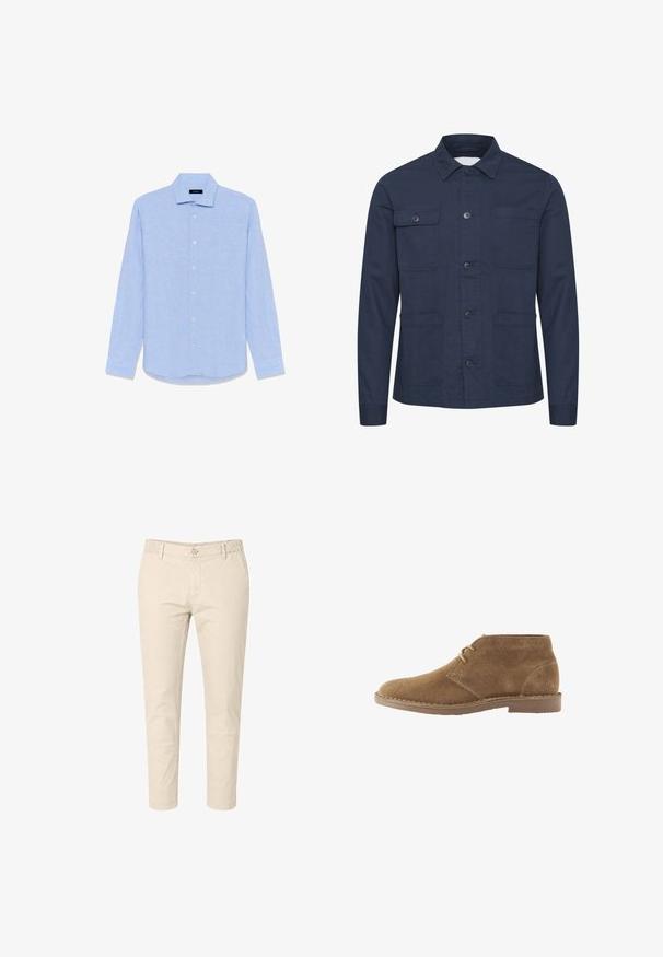 Mørkeblå knap-op jakke lavet af blødt stof, med to brystlommer og to frontlommer. Minimalistisk design med krave.; Lyseblå, langærmet skjorte med knapper, spids krave og hvide knapper, lagt fladt ud på en hvid baggrund.; Beige slim-fit bukser med knaplukning, bæltestropper, sidelommer og elastisk bagpåtalje set forfra.; Brun ruskind ankelhøj afslappet sko med to snørehuller og syet sål på hvid baggrund, set fra siden.