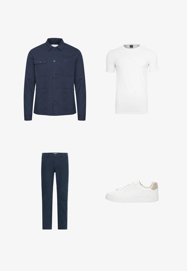 Mørkeblå knap-op jakke lavet af blødt stof, med to brystlommer og to frontlommer. Minimalistisk design med krave.; Enkel hvid t-shirt med korte ærmer og rund halsudskæring med et sort mærke inden i kraven mod en hvid baggrund.; Mørkeblå chinos lavet af bomuldsblandingsstof, med knaplukning, lige ben og en glat tekstur uden mønstre eller accenter.; Hvid lavtop sneaker med snørebånd foran, glat læderoverdel, lys beige hælskinne og flad gummisål.