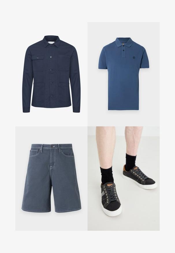Veste boutonnée bleu marine en tissu doux, avec deux poches poitrine et deux poches frontales. Design minimaliste avec un col.; Polo bleu à manches courtes avec deux boutons noirs et un petit logo sombre sur la poitrine gauche, présenté sur un fond blanc.; Shorts bleu foncé en coton avec des coutures blanches, cinq poches et un système de fermeture à bouton à la taille. Design à jambe droite, avec un minimum de détails.; Baskets en toile grises avec des semelles en caoutchouc blanches, des lacets noirs et des accents en cuir marron au niveau du talon, accompagnées de chaussettes noires à côtes.