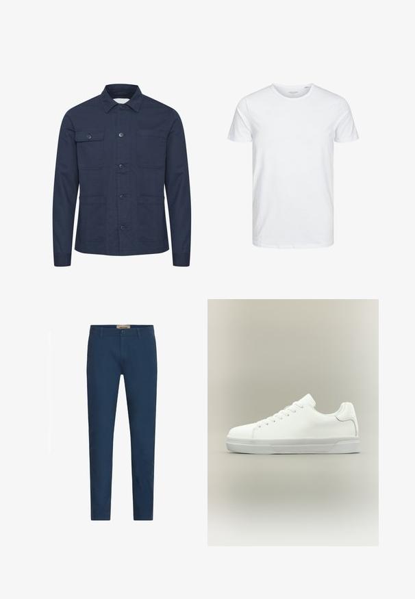 Donkerblauwe knoopjack van zacht materiaal, met twee borstzakken en twee voorzakken. Minimalistisch ontwerp met een kraag.; Ronde hals kortemouwen t-shirt in effen wit, gemaakt van zachte katoen, heeft een eenvoudig ontwerp zonder zichtbare patronen of accenten.; Marineblauwe slim-fit herenbroek met riemlussen, sluiting met knoop aan de voorkant en zijzakken, tentoongesteld tegen een witte achtergrond.; Witte lage sneaker met veters aan de voorkant, gevoerde kraag en gerubberde zool met textuur, zijaanzicht op een neutrale achtergrond.