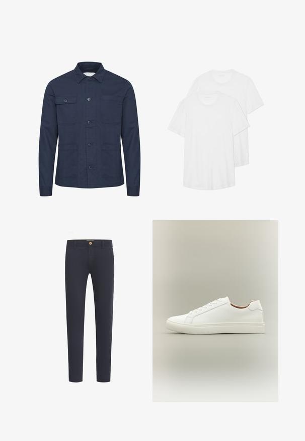 Mørkeblå knap-op jakke lavet af blødt stof, med to brystlommer og to frontlommer. Minimalistisk design med krave.; To hvide kortærmede T-shirts lavet af bomuld, med en rund hals, blødt materiale og et simpelt, udekoreret design.; Marineblå bukser lavet af glat stof, med almindelig pasform, fem-lomme design og foran knaplukning.; Hvid lavt snøresko med snørelukning og flad sål, vist fra siden på en neutral baggrund.