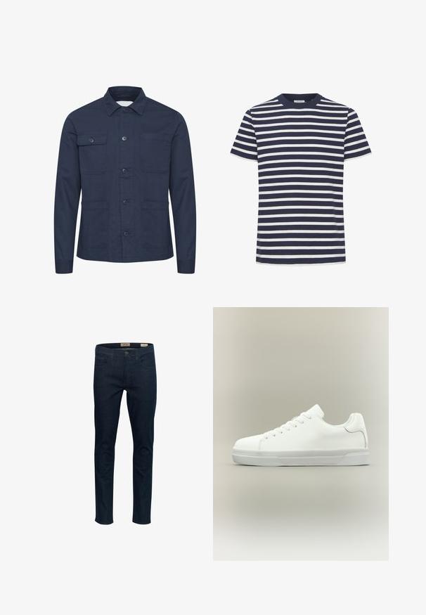 Veste boutonnée bleu marine en tissu doux, avec deux poches poitrine et deux poches frontales. Design minimaliste avec un col.; T-shirt à manches courtes rayé bleu marine et blanc avec une texture côtelée et un col rond. Design simple et décontracté.; Jean en denim bleu foncé avec une coupe slim, cinq poches et une fermeture à bouton à l'avant. Présente des coutures discrètes et une texture lisse.; Baskets basses blanches à lacets, doté d'un col rembourré et d'une semelle en caoutchouc texturée, présentées de profil sur un fond neutre.