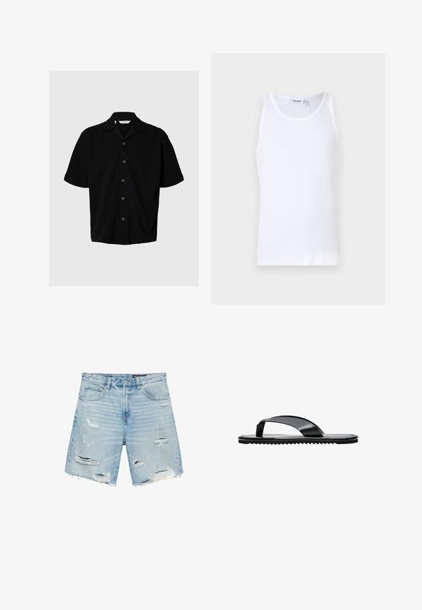 Chemise noire à manches courtes avec boutons, col camp, cinq boutons visibles et coupe décontractée sur fond gris clair.; Débardeur en coton blanc avec un col rond et des bretelles larges. Texture lisse, sans motifs, design épuré et étiquette de marque au niveau du col.; Short en denim bleu clair avec ourlets effilochés et multiples déchirures et usures intentionnelles sur les panneaux avant.; Sandale tongs plates noires avec une large bride d’orteil et une semelle texturée, vue de profil sur fond blanc.