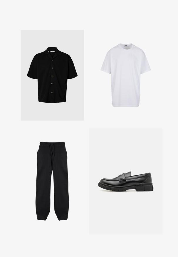 Camisa negra de manga corta con botones, cuello campestre, cinco botones visibles y un corte holgado sobre un fondo gris claro.; Camiseta blanca lisa de algodón, de manga corta, con cuello redondo y etiqueta visible de talla y marca dentro del cuello.; Pantalones de chándal negros con cintura elástica, cordón y bolsillos laterales. Fabricados con una tela suave, tienen un corte holgado y tobillos ajustados.; Mocasin de cuero negro con una cinta ancha en el empeine, suela de goma con tacos gruesos y textura suave. Diseño clásico y elegante.