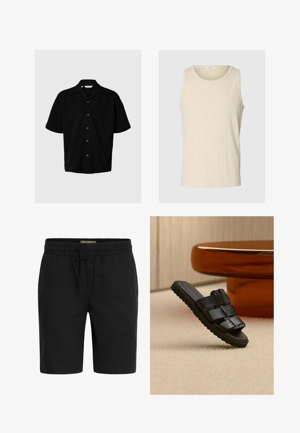 Camisa negra de manga corta con botones, cuello campestre, cinco botones visibles y un corte holgado sobre un fondo gris claro.; Top sin mangas beig de punto acanalado con escote redondo, dobladillo recto y sutil textura de rayas verticales.; Pantalones cortos negros hechos de una tela ligera, que cuentan con una cinturilla elástica con cordón y bolsillos laterales para mayor comodidad.; Sandalia tipo slide de cuero negro con tiras anchas y suela estriada sobre alfombra beige cerca de mesa de café redonda marrón.