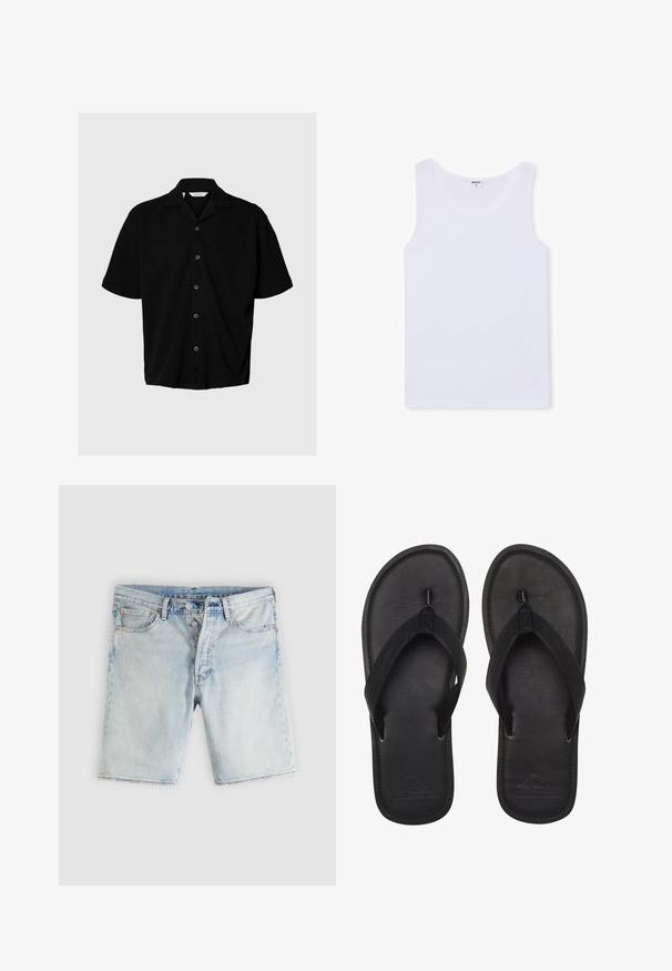 Camisa negra de manga corta con botones, cuello campestre, cinco botones visibles y un corte holgado sobre un fondo gris claro.; Camiseta de tirantes blanca sin mangas con escote redondo, talla mediana, colocada plana sobre fondo blanco.; Pantalones cortos de mezclilla azul claro con bragueta de botones, trabillas para cinturón y bolsillos delanteros sobre un fondo liso gris claro.; Chanclas negras hechas de material suave, con una tira estilo thong, planta texturizada y logo en relieve en la suela.