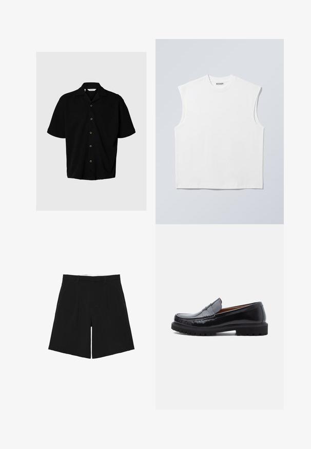 Chemise noire à manches courtes avec boutons, col camp, cinq boutons visibles et coupe décontractée sur fond gris clair.; Haut blanc sans manches en coton à col rond avec épaules structurées, marqué "WEEKDAY" sur l'étiquette du col, présenté sur un fond gris clair.; Short noir sur mesure avec passants de ceinture, plis devant et poches latérales, posé à plat sur un fond blanc.; Mocassin penny en cuir noir avec semelle en caoutchouc épaisse et couture moc toe, montré de profil sur un fond blanc.