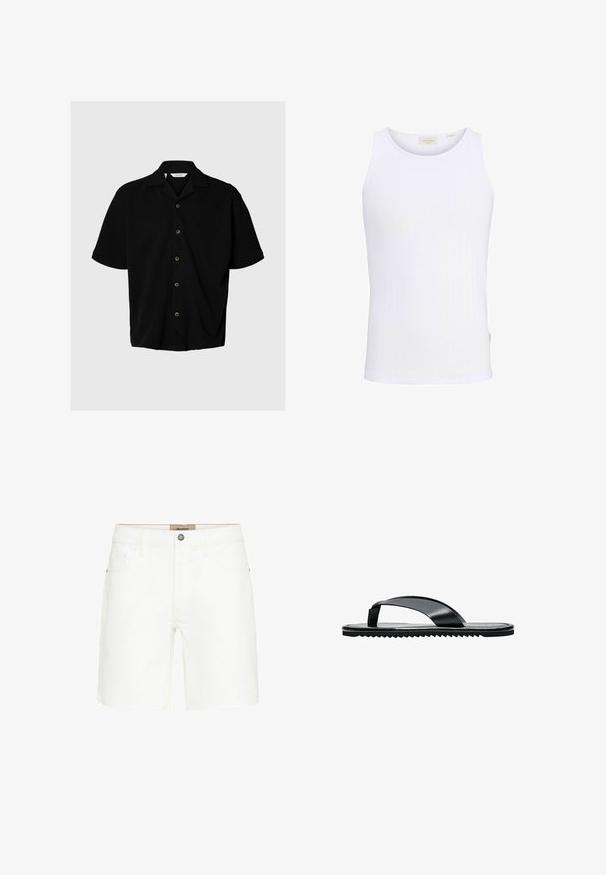 Chemise noire à manches courtes avec boutons, col camp, cinq boutons visibles et coupe décontractée sur fond gris clair.; Débardeur blanc côtelé sans manches avec encolure ronde et petite étiquette de marque à l'intérieur du col.; Shorts en denim blanc avec un design classique à cinq poches, fermeture à bouton en métal et détails de surpiqûres contrastants. Texture lisse et coupe droite.; Sandale tongs plates noires avec une large bride d’orteil et une semelle texturée, vue de profil sur fond blanc.
