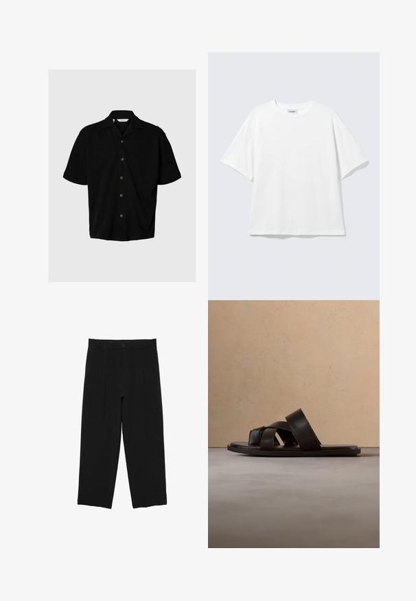 Schwarzes Kurzarmhemd mit Knopfleiste, Camp-Kragen, fünf sichtbaren Knöpfen und lockerem Sitz auf hellgrauem Hintergrund.; Weißes oversized T-Shirt mit kurzen Ärmeln und Rundhalsausschnitt mit eingesetzten Schultern, flach auf hellgrauem Hintergrund.; Schwarze, weit geschnittene Hose mit Gürtelschlaufen, vorderer Knopfleiste und plissiertem Design, vor weißem Hintergrund dargestellt.; Schwarze Leder-Sandale mit flachem Absatz und drei überkreuzten Riemen, schwebend über einem gewebten Teppich aus Naturfasern.