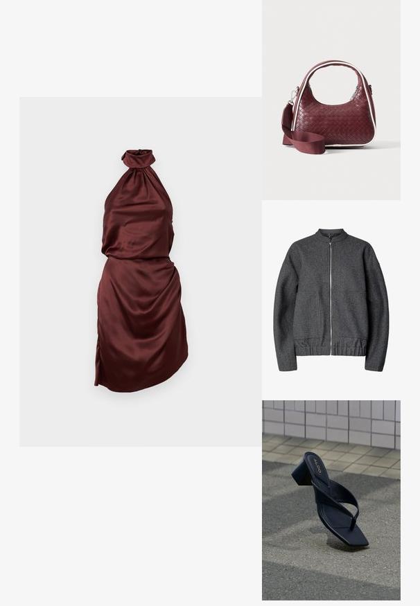Šedá vlnená bomber bunda s okrúhlym golierom, predným zipsom, dvoma bočnými vreckami a elastickým pásom a manžetami.; Burgundská saténová šaty s halterským výstrihom, so zhrnutým výstrihom, priliehavým korzetom a splývavou sukňou s bočným rozparkom. Hladká textúra.; Čierne sandále na podpätku so štvorcovou špičkou a širokými remienkami, zobrazené na pozadí obkladanej steny a textúrovaného povrchu zeme.; Vínová tkaná kožená kabelka s oblým držadlom, bielym lemom, strieborným zipsom a odnímateľným širokým látkovým ramenným popruhom na jednofarebnom pozadí.