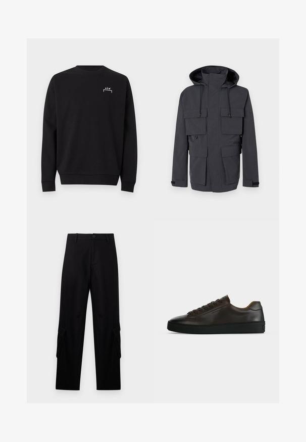 Veste à capuche gris foncé avec col montant, cordons ajustables, fermeture éclair avant recouverte d'un rabat, et quatre grandes poches à rabat.; Sweat-shirt noir à manches longues col rond avec petit logo blanc "A C W" et motif de crochets sur la partie supérieure gauche de la poitrine.; Pantalon cargo noir droit avec passants de ceinture, bouton frontal, fermeture éclair et poches à rabat sur chaque cuisse.; Baskets basses en cuir marron foncé avec semelle en caoutchouc noire, lacets à l'avant et design minimaliste épuré sur fond clair.