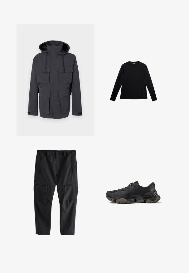 Chaqueta con capucha de color gris oscuro, con cuello alto, cordones ajustables, cremallera frontal cubierta por una solapa y cuatro grandes bolsillos con solapa.; Camiseta negra de manga larga hecha de tela suave, con cuello redondo y un logotipo sutil en el frente, con un corte holgado.; Pantalones cargo negros con cintura elástica, cierre con botón y cuatro bolsillos con cremallera, mostrados sobre un fondo blanco.; Zapatilla deportiva negra con suela texturizada, parte superior de cuero y gamuza, cuello acolchado y cierre con cordones, mostrada en perfil lateral.