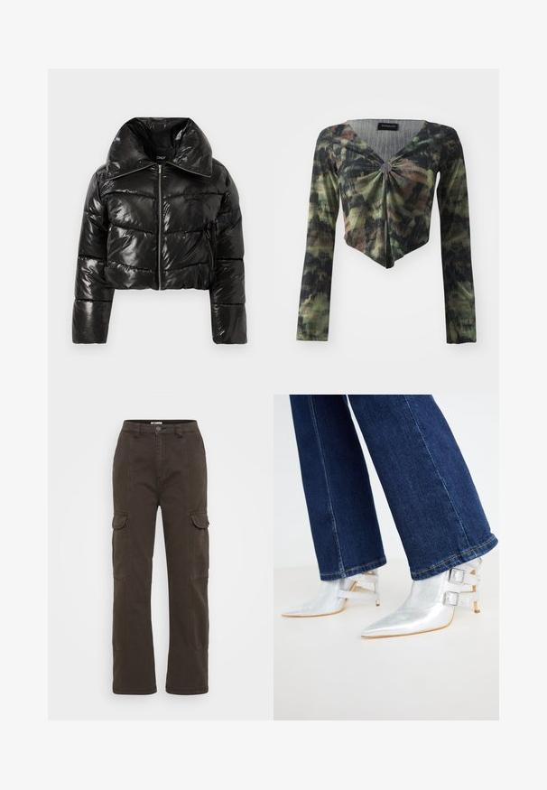 Musthave mustakate puffer-jakk, läikiva viimistlusega, lühikese lõikega, laia kraega, lukuga sulepehmendus ja mustriga tekstuur. Rõhutatult on lisatud lukuga tasku.; Pikend varrukatega lühike topp rohelise ja musta kamuflaažimustriga, millel on V-kaelus ja sõlme detail ees, valmistatud tekstureeritud kangast.; Tumed pruunid cargo-püksid sirgete jalgadega, kahe küljetaskuga, nähtava õmblusega ja ees oleva nööbiga sulgemisega. Valmistatud vastupidavast kangast.; Hõbedased, metallilised pahkluu saapad terava varbaga ja kahe pandlaga. Kandsid tumedat sinist, veidi laienevat teksapükse.