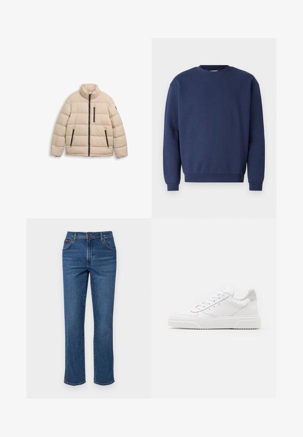 TOM TAILOR SPORTY PUFFER - Veste d'hiver - light cashmere; Sweatshirt bleu marine en tissu doux, avec un col rond et des poignets côtelés. Comprend un logo discret sur la poitrine.; Jean en denim bleu avec un design à jambe droite, style à cinq poches et une fermeture à bouton et fermeture éclair. Présente des coutures discrètes et un lavage classique.; Des baskets en cuir blanc avec une finition lisse, un bout rond, des lacets plats et une semelle texturée. Accents en daim gris au niveau du talon.