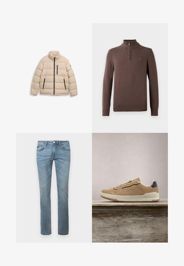 TOM TAILOR SPORTY PUFFER - Χειμωνιάτικο μπουφάν - light cashmere; Καφέ πλεκτό πουλόβερ με ψηλό γιακά και φερμουάρ έως το ένα τέταρτο. Διαθέτει ριμπ λεβέτες και στρίφωμα, με μία μικρή λεπτομέρεια λογότυπου στο στήθος.; Ανοιχτό μπλε τζιν με ίσια γραμμή, φτιαγμένο από τζιν ύφασμα. Χαρακτηριστικά περιλαμβάνουν κανονικές τσέπες, θηλιές για ζώνη και απαλές φθορές.; Μπεζ σουέτ αθλητικά παπούτσια με λευκή καουτσούκ σόλα, χαρακτηριστικά μπεζ κορδόνια, μπλε ναυτική λεπτομέρεια και τρυπητό σχέδιο στην περιοχή των δακτύλων.