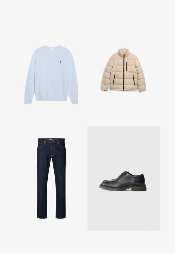 TOM TAILOR SPORTY PUFFER - Vinterjakker - light cashmere; Lys blå sweatshirt lavet af bomuld med rund halsudskæring, ribbede manchetter og et broderet sort fuglelogo på venstre bryst.; Mørkeblå straight-leg denimjeans med synlige orange syninger, forreste knap, lynlås og design med fem lommer.; Sorte lædersko med glat tekstur, rund tå og lav, præget syning. Tykk gummisål med let hæl og skridsikker mønster.