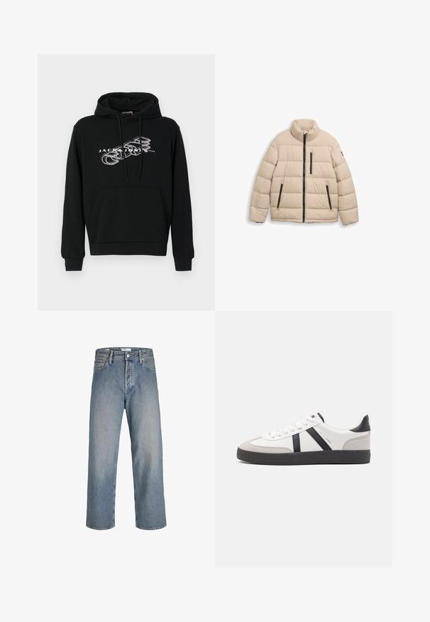 TOM TAILOR SPORTY PUFFER - Χειμωνιάτικο μπουφάν - light cashmere; Μαύρη κουκούλα φούτερ από ύφασμα με μπροστινή τσέπη. Διαθέτει λευκό κείμενο "JACK & JONES" και γραφιστικό σχέδιο στο στήθος.; Ανοιχτό μπλε τζιν παντελόνι με χαλαρή εφαρμογή, ψηλή μέση και ίσια πόδια. Διαθέτει μπροστινές τσέπες και κούμπωμα από μέταλλο.; Λευκό αθλητικό παπούτσι με μαύρες και γκρί λεπτομέρειες, featuring ένα υφή γκρί καλύμμα δαχτύλου, μαύρη καουτσούκ σόλα και επίπεδες λευκές κορδόνες. Καθαρός σχεδιασμός, μινιμαλιστικό στυλ.