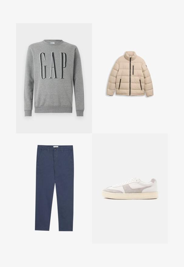 TOM TAILOR SPORTY PUFFER - Winterjacke - light cashmere; Grauer Sweatshirt mit Rundhalsausschnitt, gerippten Bündchen und Saum, mit dem Wort "GAP" in großer schwarzer Schrift auf der Vorderseite. Weicher Stoff.; Marineblaue Baumwollchinos mit geradem Schnitt, zwei Vorderaschen und subtilen Nähdetails, versehen mit einem Bund mit Knopfverschluss.; Weißer Sneaker mit grauen Wildleder-Akzenten, runder Zehenpartie, gepolstertem Kragen und strukturiertem Gummisohle. Hat geflochtene Schnürsenkel und minimalistisches Design.
