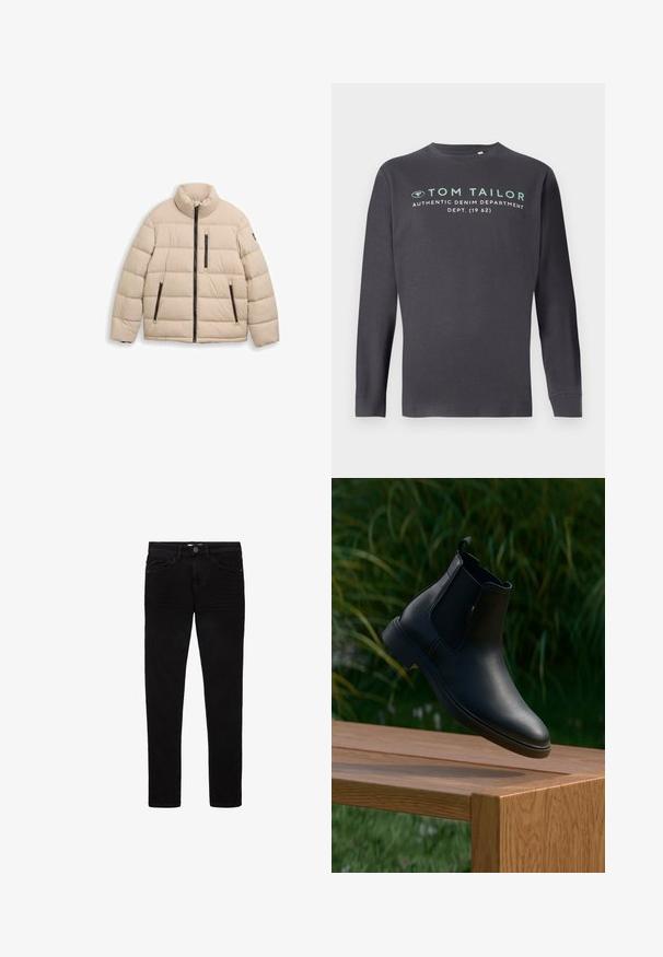 TOM TAILOR SPORTY PUFFER - Vinterjakker - light cashmere; TOM TAILOR PRINTED - Langærmet T-shirt - tarmac grey; Sorte jeans lavet af denim, med et slim fit design, fem lommer og en knaplukning. Glat tekstur og minimale syninger.; Sort læder ankelstøvle svævende over en træbænk med grøn græs og planter i den slørede baggrund.